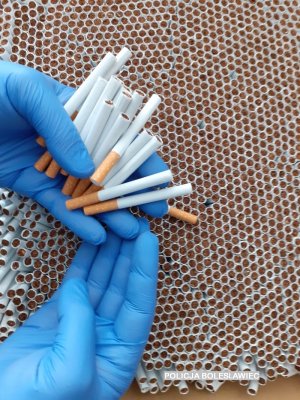 Na zdjęciu widać dłonie, w niebieskich rękawiczkach, trzymające kilka sztuk papierosów. W tle karton z zawartością dużej ilości papierosów.